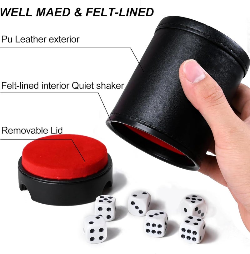 Hloyacc Dice Cup Leather Set with Lid, Felt-Lined PU Leather Quiet Shaker for Yahtzee Farkle Dice Board Games, Set of Six 16mm Dice Included - Image 3
